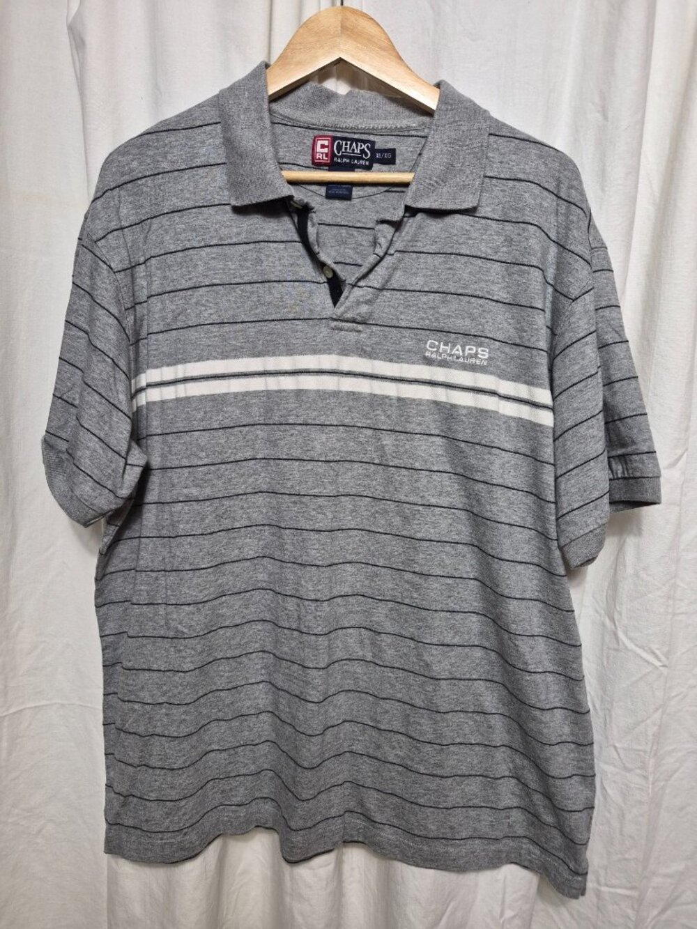 Chaps Ralph Lauren XL Vintage Grey Strip Logo Classic 90s Designer Polo Shirt